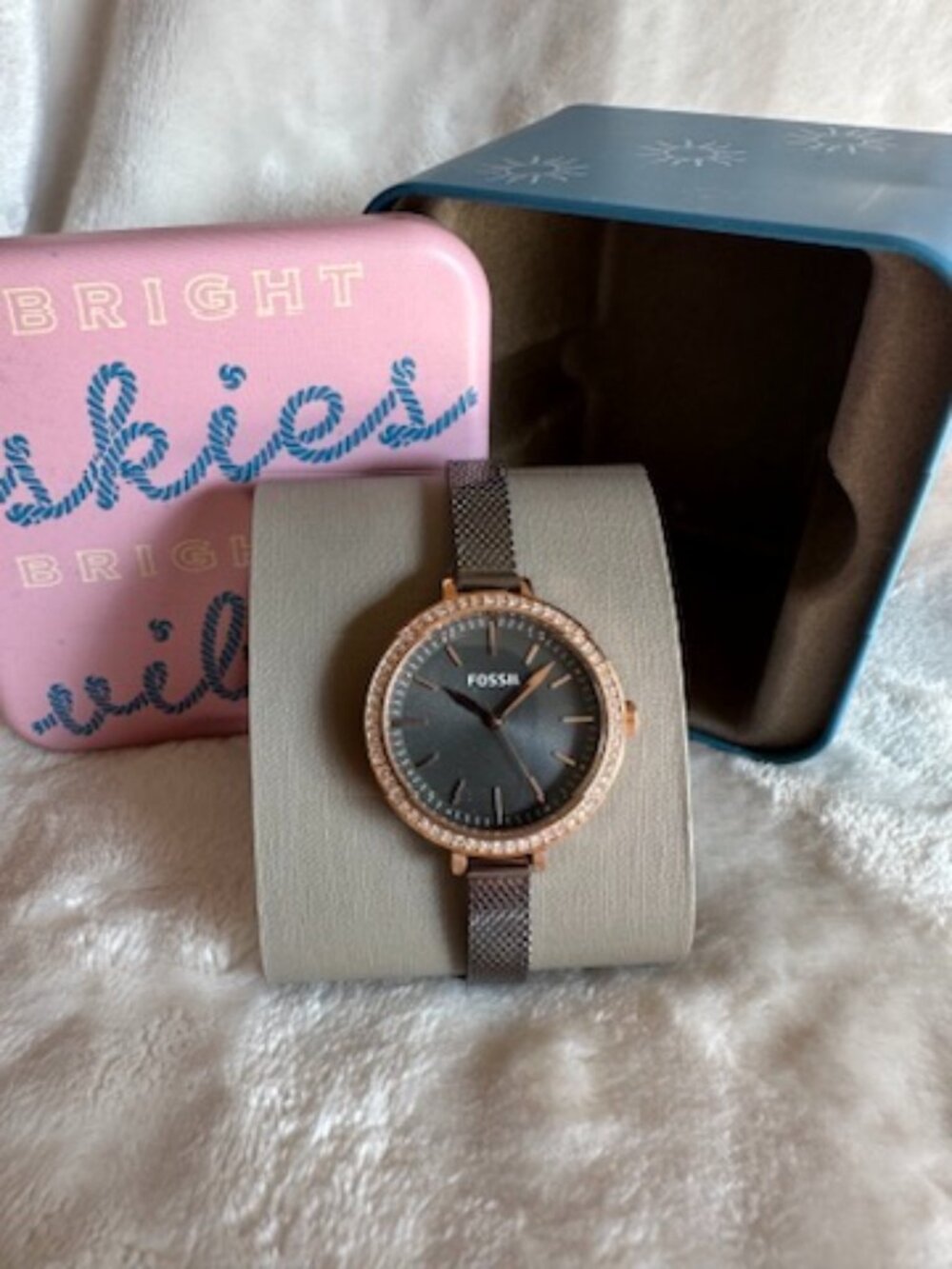 NIB Rare Fossil Women's Classic Black Dial Watch BQ3458 Gunmetal Coated Bracelet